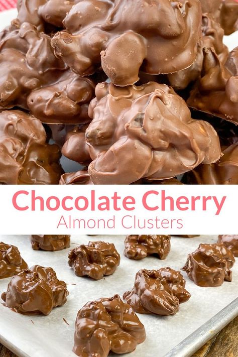 Collage of chocolate covered cherries and almonds in cluster shapes with text Recipe Using Dried Cherries, Dried Cherry Recipes, Crockpot Candy Recipes, Dried Fruit Recipe, Salted Almonds, Almond Clusters, Chocolate Melting, Crockpot Candy, Chocolate Candy Recipes