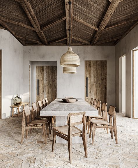 FARM HOUSE IN UAE on Behance Casa Cook, Casa Country, Japandi Interior, Eco Friendly House, Rustic Dining, Room Table, Interior Architecture Design, Wabi Sabi, Old House