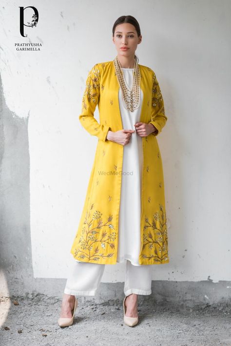 Unique jacket outfit in yellow and white with straight pants Prathyusha Garimella, Look Kimono, Kurta Designs Women, Pakistani Dress Design, Indian Designer Outfits, Indian Attire, Designer Dresses Indian, Long Jacket, Kurta Designs