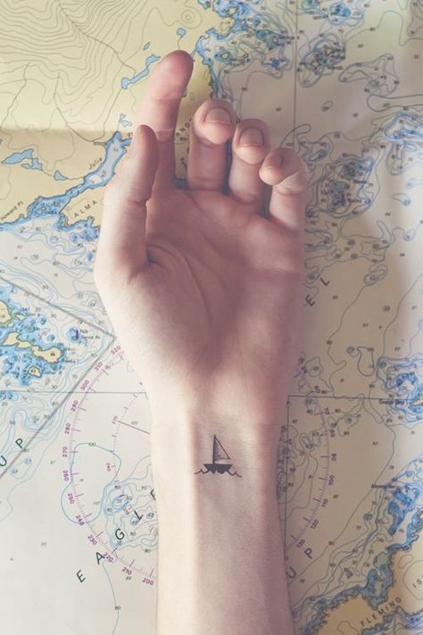 These Nautical Tattoos Will Make You Want to Sail the Seven Seas ... A Small Tattoo, River Tattoo, Sailboat Tattoo, Boat Tattoo, Delicate Tattoo, Cute Tiny Tattoos, Ship Tattoo, Small Tattoo Designs, Little Tattoos