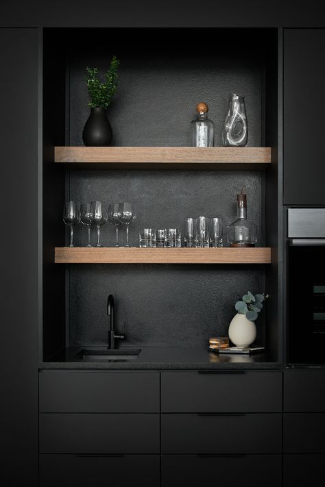 modern kitchen black and walnut, bar photo - corey anthony photography Black Modern Cabinets, Office Wet Bar Ideas, Black Bar Cabinets Modern, Black Wet Bar Ideas, Modern Bar Ideas For Home, Black Bar Cabinets, Modern Wet Bar Ideas, Black Wet Bar, Small Dry Bar Ideas