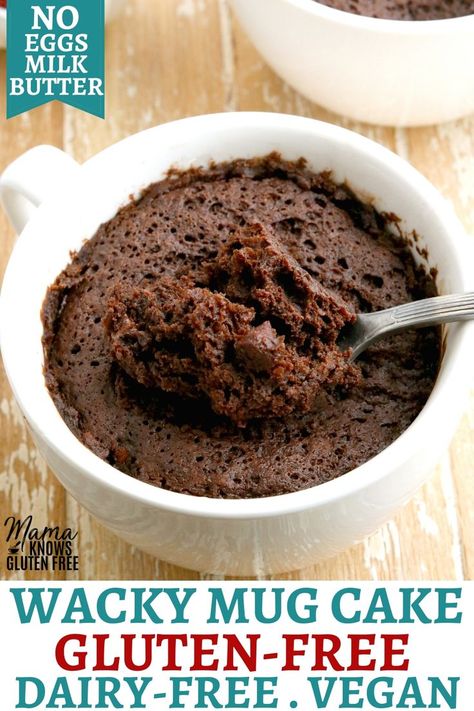 Gluten Free Mug Cake Easy, Vegan Gf Mug Cake, Gluten And Dairy Free Mug Cake, Gf Df Mug Cake, Gluten Free Vegan Mug Cake, Simple Dairy Free Dessert, Gluten Free Chocolate Mug Cake, Gluten Free Mug Cake, Wacky Cake