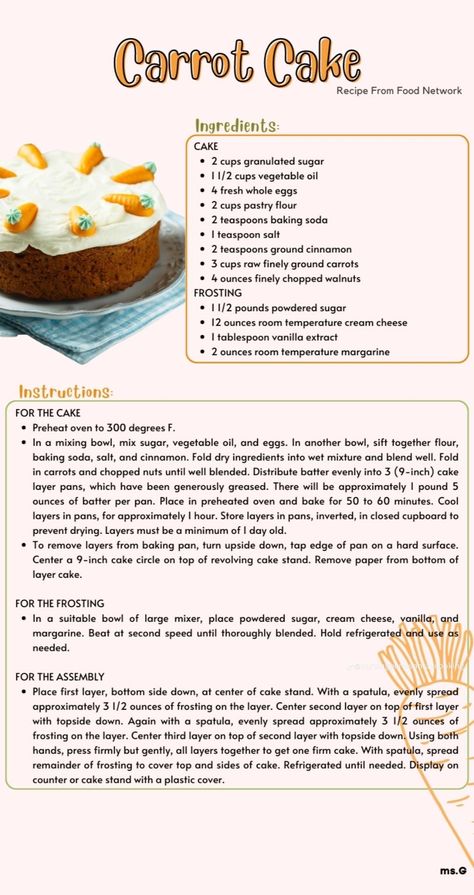 Simple Bake Recipes, Beginning Baking Easy Recipes, Yummy Baking Recipes, Homemade Dessert Recipes, What To Bake, Carrot Cake Recipe Easy, Homemade Recipe Books, Written Recipes, Homemade Cookbook