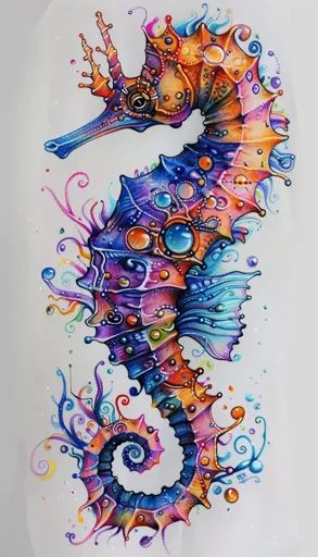 ↑↑↑ Larger size on website 🔸 A vibrant, detailed drawing of a seahorse, rendered in a rainbow of colors. The seahorse is intricat 🔸 From Midjourney AI Image Watercolor Seahorse Tattoo, How To Draw Seaweed, Seahorse Image, Seahorse Drawing, Seahorse Tattoo, Painted Handbag, Seahorse Art, Underwater Theme, Sea Horses