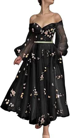 Prom Dresses Long A Line, Tea Length Prom Dress, Flower Prom Dress, Tulle Prom Dresses, Embroidery Tulle, Evening Party Gowns, Prom Dresses For Teens, Floral Embroidered Dress, Prom Dresses With Sleeves