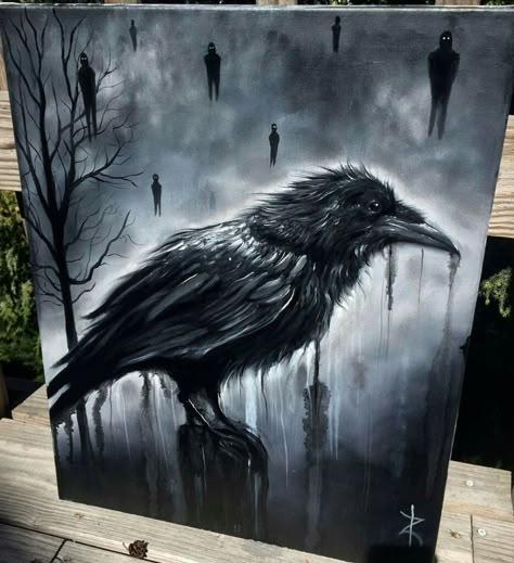 Crow Paintings On Canvas, Creepy Painting Ideas Dark Art, Raven Paintings On Canvas, Creepy Painting Ideas On Canvas, Painting Ideas On Canvas Scary, Scary Halloween Paintings On Canvas, Dark Paintings On Canvas, Gothic Painting Ideas On Canvas, Dark Painting Ideas On Canvas