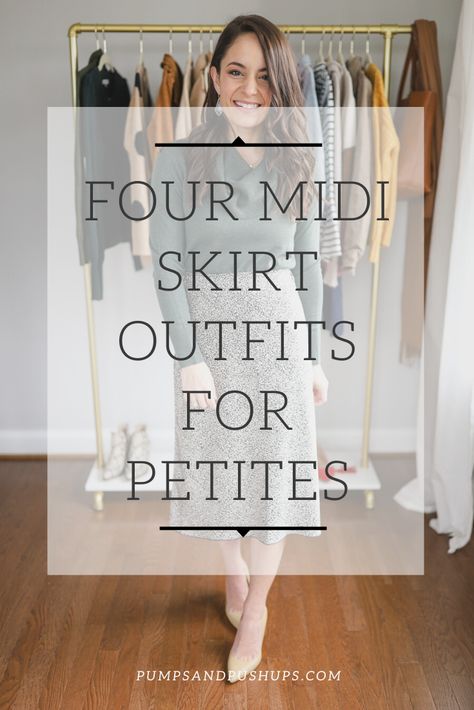 Four Petite Friendly Midi Skirt Outfits | Pumps & Push Ups Midi Skirts For Short Women, Midi Outfits Skirt, Shoes Midi Skirt, Skirt Length Guide Body Types, White Midi Skirt Winter Outfit, Midi Skirt Outfit Petite, High Waisted Midi Skirt Outfits, Best Shoes For Midi Skirts, Midi Skirt Business Outfit