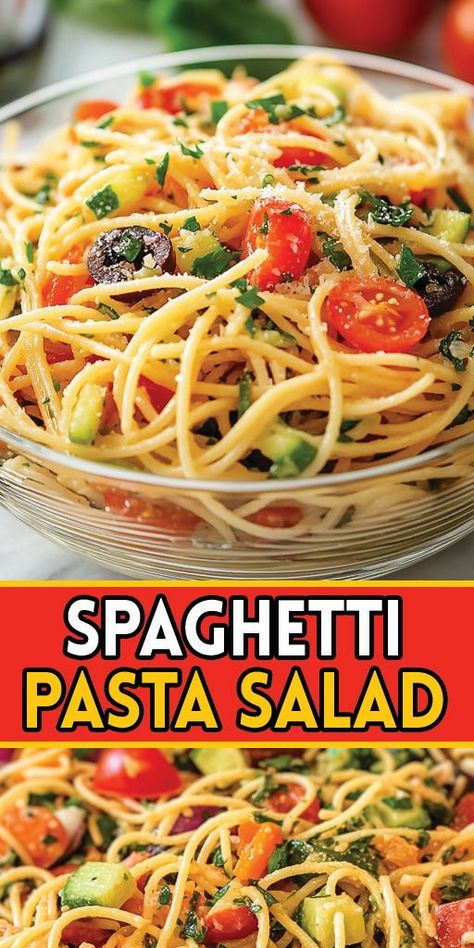 🍝 Spaghetti Pasta Salad is the ultimate versatile dish, perfect as a side or a main course! Bursting with fresh veggies, tangy dressing, and flavorful pasta, this crowd-pleaser is ideal for potlucks, barbecues, and family dinners.  ✅ Try this recipe now and make your next meal unforgettable!   #SpaghettiPastaSalad #PastaRecipe #SummerSalad #EasyMeals #PotluckRecipe Spaghetti Pasta Salad Recipes, Salad Supreme Pasta Salad, Salad Supreme Seasoning, Cold Spaghetti Salad, Summer Pasta Salads, Easy Pasta Salad Recipes, Salad Supreme, Spaghetti Pasta Salad, Tomatoes And Cucumbers