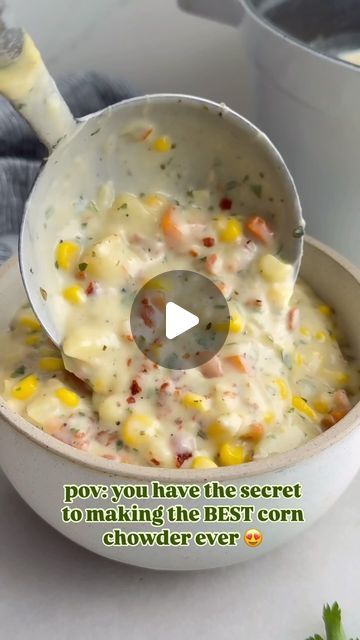 Chelsea Lords on Instagram: "Get ready for the best corn chowder ever! 🌽 To get the recipe, follow my account (so Insta can DM you) and comment ‘CORN’ for a DM, or Google ‘Corn Chowder chelseasmessyapron’! 🙌 

This chowder is creamy, rich, and full of flavor thanks to a secret ingredient—corn cobs! Add crispy bacon and tender potatoes for a bowl of pure comfort! 🔥" Potato Corn Chowder Recipe, Sweetcorn Chowder Recipe, Ham And Corn Chowder Soup, Ham And Corn Chowder, Corn Chowder Recipe Easy, Turkey Corn Chowder, Potatoe Corn Chowder Soup, Corn Chowder No Bacon, Panera Corn Chowder Recipe