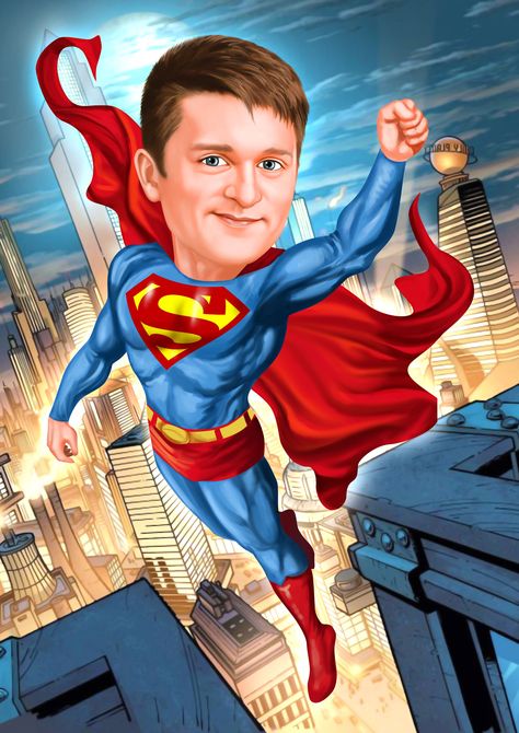 Perfect for those who look for inspiration in heroic characters and strive for heights in their lives.#caricature #caricaturefromphoto #caricaturecartoon #cartoon #caricaturefamily #caricatureman #caricaturebirthday #caricaturewedding #caricaturecouple Superman Kids, Png Images For Editing, Caricature Wedding, Cartoon Body, Portraits Art, Caricature From Photo, Graphic Design Business Card, Caricature Artist, Celebrity Caricatures