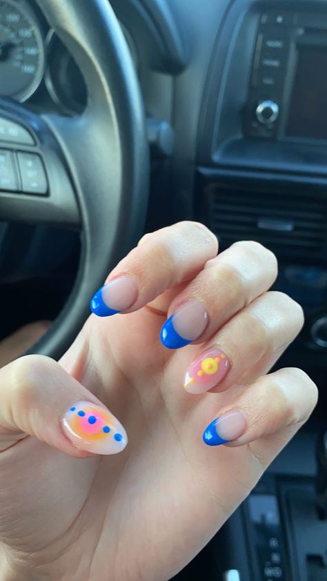 nail inspo blue pink orange yellow starfish beach summer fun aesthetic short medium almond french acrylic aesthetic vsco feature me sponser instagram trendy School Appropriate Nails, Nails Almond Trendy, Back To School Nails For Teens, First Day Of School Nails, Blue Aura Nails, Nails Preppy, Nail Inspired, Hawaii Nails, Preppy Nails