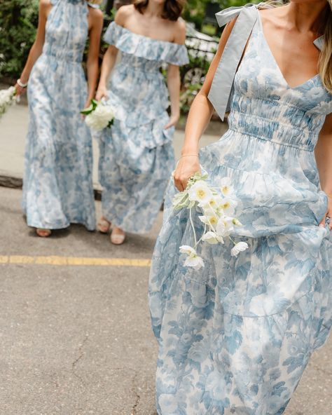 On her own or mixed and matched, English Garden Blue makes a stunning statement 💙 To complement our continually bestselling blue dresses, we set out to include an incredible blue print in the Floral Capsule. This hydrangea-hued, chinoiserie floral proved exactly the “something blue” we were searching for. Now available for preorder on the Demi, Ellison, and Athena dresses! #lulakate #floraldress #bridesmaidsdresses #bluedress Blue Bridesmaid Dresses With Wildflowers, Blue And White Bridesmaids, French Blue Bridesmaid Dresses, Blue And White Bridesmaid Dresses, Blue Floral Bridesmaid Dresses, French Blue Bridesmaid Dress, Bridal Attendant, Athena Dresses, Cocktail Bridesmaid Dresses