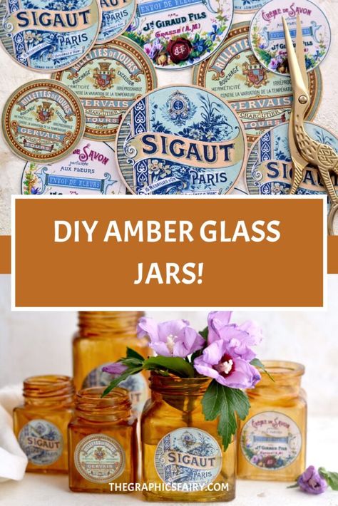 Make some DIY Amber Glass jars with this fun and easy tinted glass painting technique! Free Vintage Labels, Graphic Fairy, Bee Tags, Savon Diy, Diy Postcard, Recycling Projects, Gold Acrylic Paint, Happy Valentines Day Images, Fall Stuff