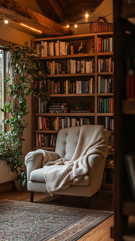 Create your ideal Taurus reading nook with an oversized armchair, piled high with soft throw blankets. 🌿📚 A wooden bookshelf brims with your favorites, bathed in warm lighting. ☕ Decorate with nature-inspired accents for a tranquil, earthy vibe. Perfect for getting lost in a book! ✨ Fireplace With Accent Chairs, Writing Nook Cozy, Cozy Reading Chair Aesthetic, Reading Armchair Corner, Earthy Reading Nook, Reading Corner By Window, Reading Nook Ideas For Adults Cozy, Reading Nook With Fireplace, Moody Reading Nook