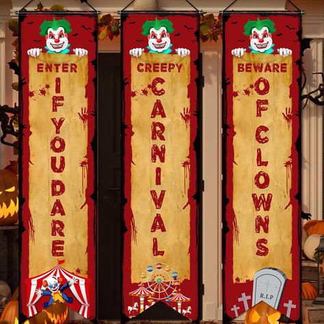 PRICES MAY VARY. Polyester Halloween Party Decorations: the scary clown decorations include 1 piece [enter if you dare] banner, 1 piece [creepy carnival] banner and 1 piece [beware of clowns] banner, create a spooky atmosphere with these 3 pieces Halloween evil circus porch banners creepy carnival party decorations, which ideal for indoor and outdoor use Creepy Themed Design: our carnival banner for Halloween features a scary clown banner design, and printed with creepy words, [enter if you dare Evil Circus, Welcome Sign Funny, Scary Carnival, Carnival Banner, Work Event Ideas, Carnival Signs, Carnival Party Decorations, Halloween Maze, Creepy Carnival