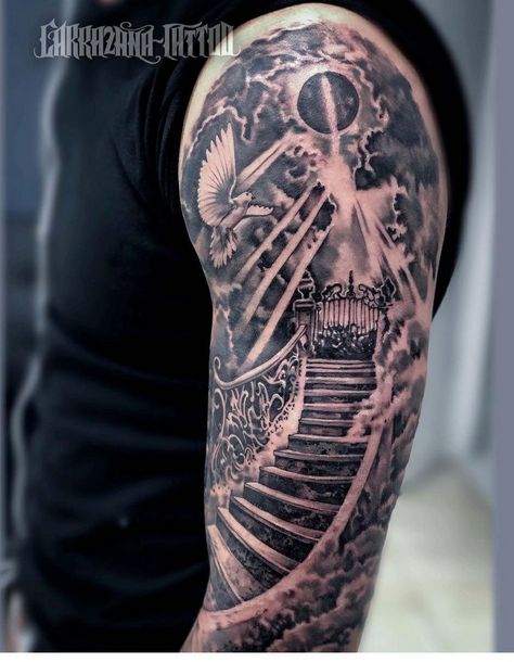 Highway Tattoos For Men, Highway To Heaven Tattoo, Heaven Gates Tattoo Design Shoulder, Christian Upper Arm Tattoo Men, Pearly Gates Tattoo, 6rilink Tattoo, Stairway To Heaven Tattoo Forearm, Heaven Stairs Tattoo, Stair Way To Heaven Tattoo