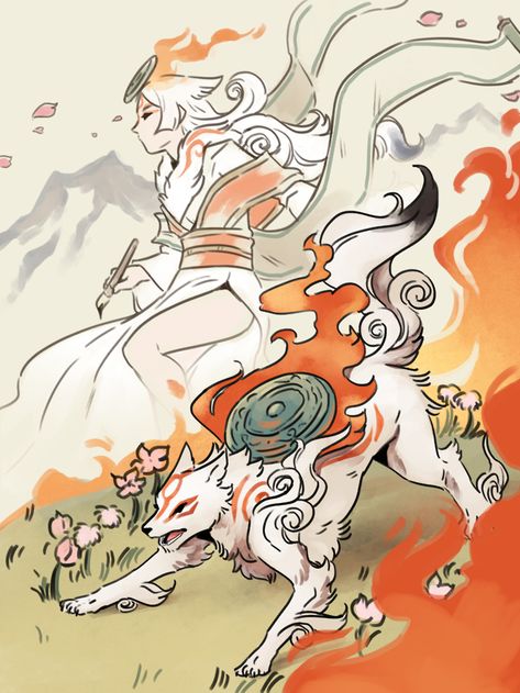 Okami Amaterasu, Japanese Mythology, Kitsune Fox, Japan Aesthetic, Japanese Aesthetic, Wolf Art, Video Game Art, Creature Art, Fantasy Creatures