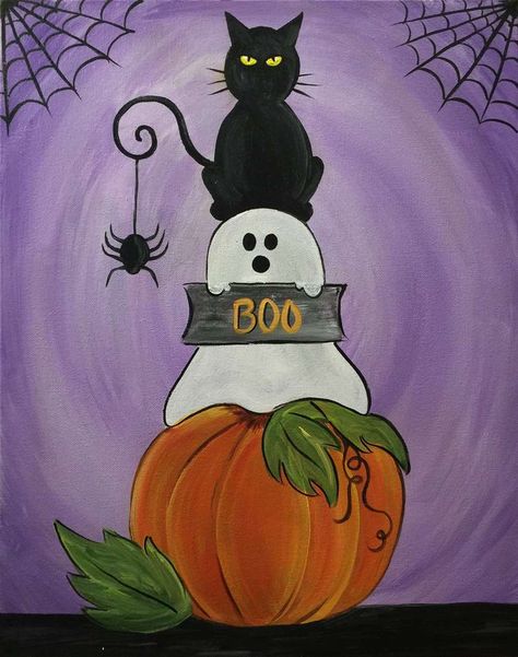 Small Halloween Canvas Paintings, Halloween Painting Step By Step, Cute Fall Paintings Easy, Halloween Artwork Drawing, Easy Halloween Canvas Painting Ideas, Halloween Paintings Easy, Fall Canvas Painting Ideas Easy Diy, Easy Ghost Painting, Halloween Acrylic Painting Ideas