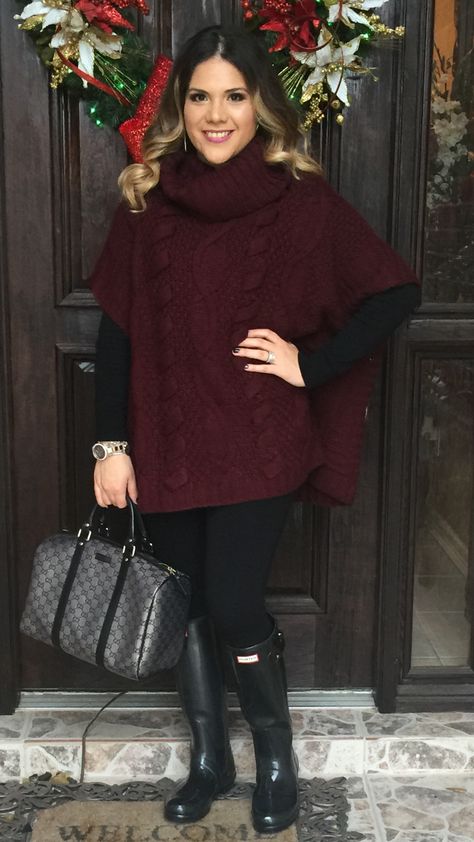 Burgundy turtleneck cable knit poncho | sweater | black leggings | black hunter boots | glossy | outfit ideas | rainy day | New Year's Eve | style | mommy style | winter | what to wear | Gucci | medium joy Boston bag | gunmetal | Poncho Outfit, Winter Teacher Outfits, Black Hunter Boots, Knit Poncho Sweater, Winter Bags, Boating Outfit, Winter Leggings, Outfit Winter, Knitted Poncho