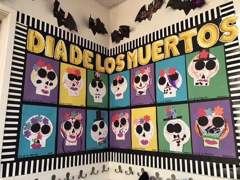 Day of the dead bulletin board! #diadelosmuertos #dayofthedead #coco #classroom #classroomdecor #bulletinboards #sugarskull #craft #preschool Day Of The Dead Bulletin Board, Dia De Los Muertos Bulletin Board Ideas, Daycare Door Ideas, Elementary School Counseling Office, Spanish Heritage Month, November Decor, April Lesson Plans, October Lesson Plans, Class Door Decorations