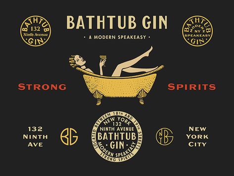 Bathtub Gin by Jonathan Schubert | Dribbble | Dribbble 1920 Party, Bathtub Gin, Speakeasy Decor, Camp Brand, Tub Ideas, Restaurant Branding, Wine Bottle Labels, Luxury Logo, Branding Agency