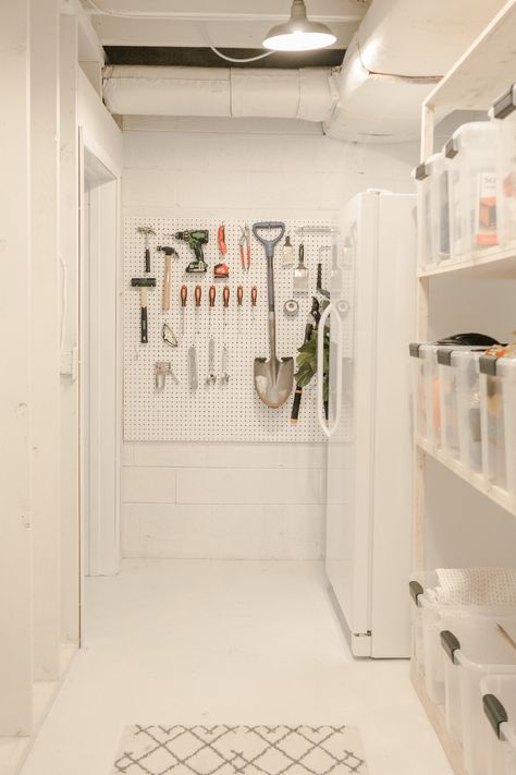 White Pegboard, Laundry Room Storage Shelves, Small Laundry Room Organization, Room Storage Diy, Storage Room Organization, Basement Storage, Small Laundry Room, Laundry Room Storage, Laundry Room Organization