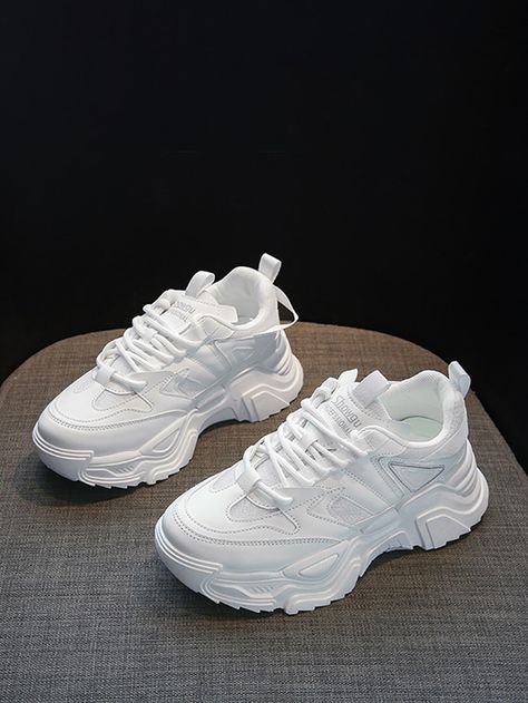 White Sporty    Plain Chunky Sneakers    Women Shoes Shoes For College, Plain White Shoes, Chunky White Sneakers, Snicker Shoes, Casual Shoes Women Sneakers, Women Sports Shoes, Sporty Shoes, Trendy Shoes Sneakers, Girls Shoes Sneakers