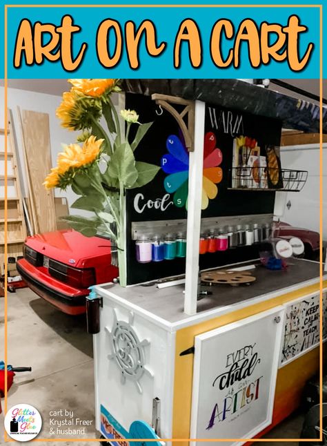 ART TEACHER INSPIRATION: Check out this amazing cart designed by Krystal Freer and her husband! It has shelves on one side and sliding paper drawers on the other. I envision teaching and having kids come up to self-serve for TAB (choice-based art). The back is decorated with famous artworks. Could work as a whiteboard, too! Great organization storage ideas and hacks for anyone teaching elementary art lessons on a cart this fall. | Glitter Meets Glue Designs Teaching Elementary Art, Art On A Cart, Organization Storage Ideas, Teacher Cart, Teaching Art Elementary, Elementary Art Lessons, Open Ended Art, Famous Artworks, Elementary Lessons