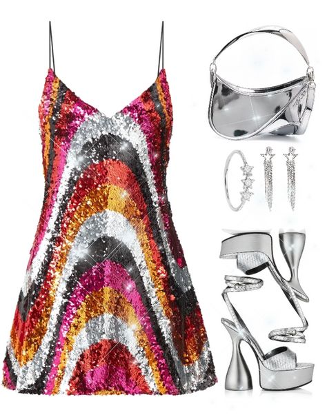 70s Saturday Night Fever Outfits, Semi Formal Disco Outfit, Sequin 70s Outfit, Disco Formal Outfit, Women’s 70s Disco Fashion, Abba Outfit Inspiration, Disco Hoco Theme Outfit, Formal Disco Outfit, Disco Homecoming Theme Dress