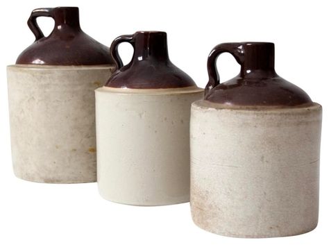 Consigned, Antique Stoneware Jug Collection, Set of 3 - Farmhouse - Kitchen Canisters And Jars - by 86 Vintage | Houzz Farmhouse Kitchen Canisters, Antique Stoneware Crocks, Christmas Primitive Crafts, Antique Crocks, Old Crocks, Jars For Sale, Stoneware Crocks, Antique Stoneware, Kitchen Display