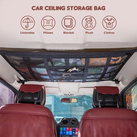 Upgrade the fourth generation car ceiling cargo net has 9 fixed reinforcement straps,which can better fix items,effectively prevent items from sagging or falling.Don't block the rearview mirror to ensure driving safety.A pocket is added to the double-layer mesh,double-end zipper design,allows you to store items easily and freely. Car Ceiling Storage, Ceiling Net, Camping Interior, Car Roof Storage, Car Ceiling, Net Storage, Roof Storage, Car Storage Bag, Road Trip Camping