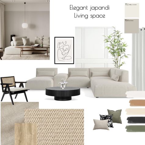 Elegant Japandi, Mood Board Interior Design, Japandi Style Living Room, Board Interior Design, Living Room Design Board, Mood Board Living Room, Japandi Living Room, Japandi Interior Design, Mood Board Interior