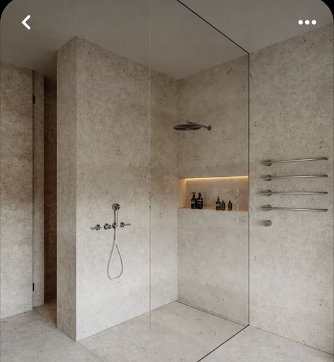 Modern Ranch Bathroom, Travertine Shower, Minimal Bathroom, Master Shower, Glam Living Room, Bathroom Design Inspiration, Bathroom Design Decor, Chic Bathrooms, Bathroom Inspiration Decor