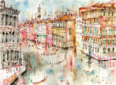 View from Accademia Bridge Venice by Clare Caulfield Painting Of Buildings, Trevi Fountain Rome, Venice Print, Grand Canal Venice, Italy Art Print, Travel Wall Decor, Flatiron Building, Paris Pictures, Art Carte