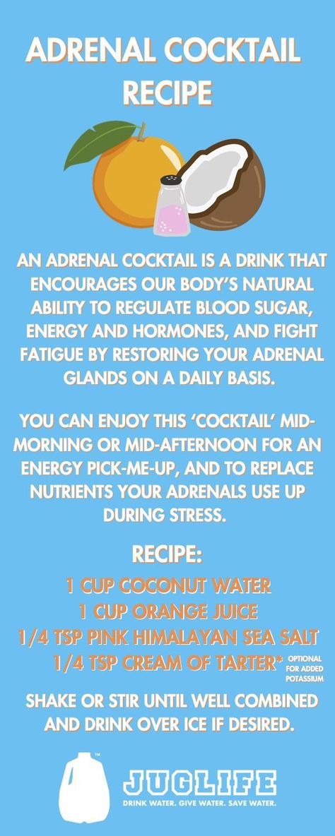 Adrenal cocktails are all the rage! Enjoy this recipe to help your body's natural ability to regulate blood sugar, energy and hormones, along with fight fatiuge by restoring your adrenal glands. #JUGLIFE #juglifewater #drinkwater #hydrate #adrenalcocktails #adrenals #orangejuice #coconutwater #pinkhimalayanseasalt #healthandhydrate #foryourhealth #restore #hydration #recipe #adrenalcocktailrecipe Natural Adrenal Support, Adrenal Fatigue Drink, Nighttime Adrenal Cocktail, Adrenal Cocktail Recipe Coconut Water, Cortisol Cocktail Morning, Adrenal Mocktail Recipe, Adrenal Cocktail Recipe Benefits, Adrenal Cocktail Benefits, Adrenal Drink