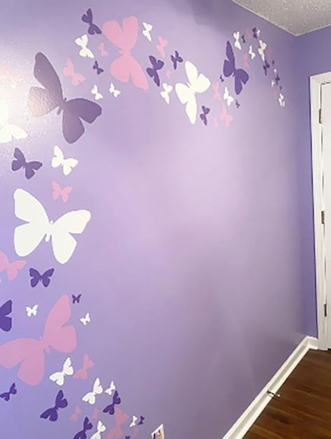 Amazon.com: Create-A-Mural Butterfly Wall Mural Paint, Butterfly Wall Painting Bedrooms, Purple Wall Painting Ideas Bedroom, Butterfly Wall Design, Butterfly Wall Stencil, Purple Butterfly Nursery, Tangled Room, Purple Wall Paint, Lilac Room