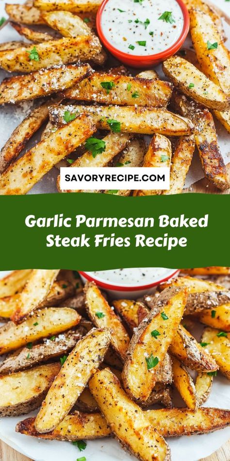 Craving a mouthwatering side that pairs perfectly with steak? These Garlic Parmesan Baked Steak Fries are not only simple to make but also packed with flavor that complements any main course. Be sure to save this recipe for your next steak dinner! Baked Steak Fries, Steak Fries Recipe, Fried Steak Recipes, Baked Steak, Savory Recipe, Garlic Steak, Hot Cheese, Snack Prep, Perfect Steak