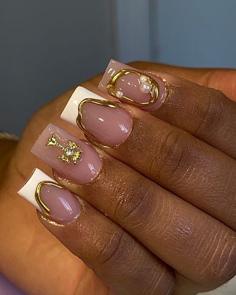 get into the details 😮‍💨 @shopnaileditt Silk Acrylic Square Nail Tips dc: AKSACRYLICS Only a few appointments left for September, DM to get your set ✨ #shortnails #goldnails #goldchrome #nailideas #3dnailart #3dnails #abstractnails #acrylicnails #windsornails #detroitnails #walkerville #crossnails #crosscharms #christian #simplenails #demure #whitenails #junknails #squarenails #nailinspo #fallnails Gold Nail Set Short, Home Coming Nail Ideas, Thanksgiving Inspired Nails, Shirt Fall Nails, Gold Nails Acrylic Short, Gold And White Nails Acrylic, Short Gold Acrylic Nails, Silver And Gold Nail Designs, White And Gold Acrylics