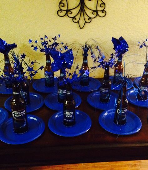 Adult party centerpiece with budlight beer bottle Bud Light Centerpieces, Bud Light Themed Birthday Party, Bud Light Birthday Party Decorations, Bud Light Party Theme, Budlight Party Ideas, Beer Bottle Centerpieces For Men, 21st Birthday Centerpieces For Guys, Birthday Party Centerpiece Ideas, Bud Light Birthday