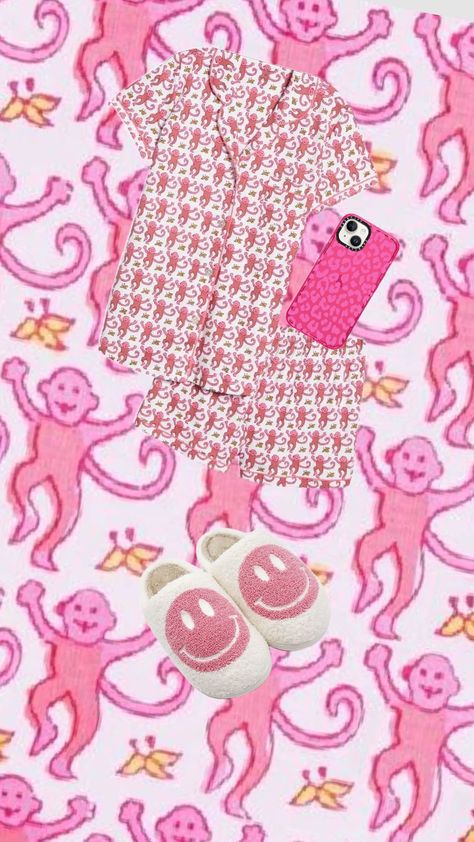 #PREPPY #PINK #PJ'S #MONKEY #SMILEYSLIPERS #WATCHSTUFFONPHONE Monkey Pjs, Monkey Pajamas, Pink Monkey, Silk Pjs, Pink Monkeys, Preppy Pink, Cute Pajama Sets, Cute Pajamas, Silk Pajamas