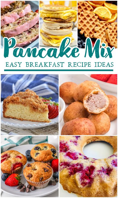 Recipes Using Pancake Mix - tons of recipes like waffles, crepes, quick bread, coffee cake, biscuits, donuts, and more all using pancake mix! via @jugglingactmama Yellow Cake Mix Pancakes, Pancake Mix Ideas Things To Make With, Pancake Mix Ins, Krusteaz Pancake Mix Biscuits, What Can I Make With Pancake Mix Baking, Krusteaz Pancake Mix Recipes Ideas, Recipes Using Krusteaz, What Can You Make With Pancake Batter, Pancake And Waffle Mix Recipe