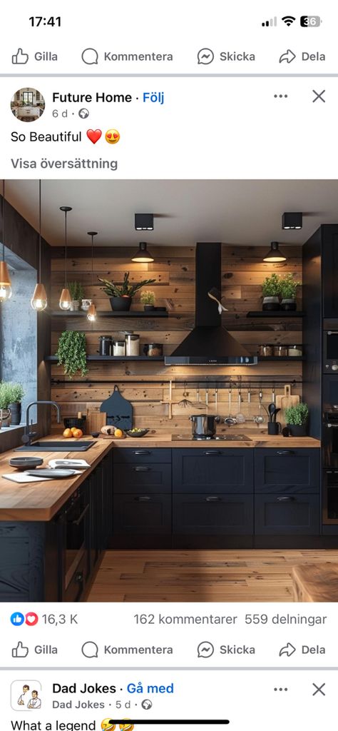 Kitchen Black Counter, Black Kitchen Countertops, Wood Countertops Kitchen, Black Counters, Pine Kitchen, Wood Countertop, Walnut Kitchen, Black Countertops, Kitchen Inspiration Design