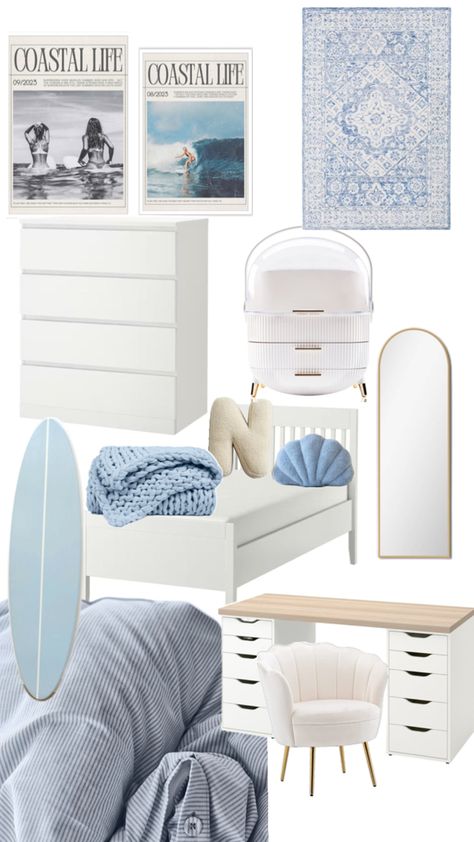 Modern Beach Bedroom Ideas, Surf Room Decor, Ocean Room Decor, Beachy Room Decor, Bedroom Ideas For Small Rooms Cozy, Surf Room, Room Organization Bedroom, Dream Bedroom Inspiration, Aesthetic Bedroom Ideas