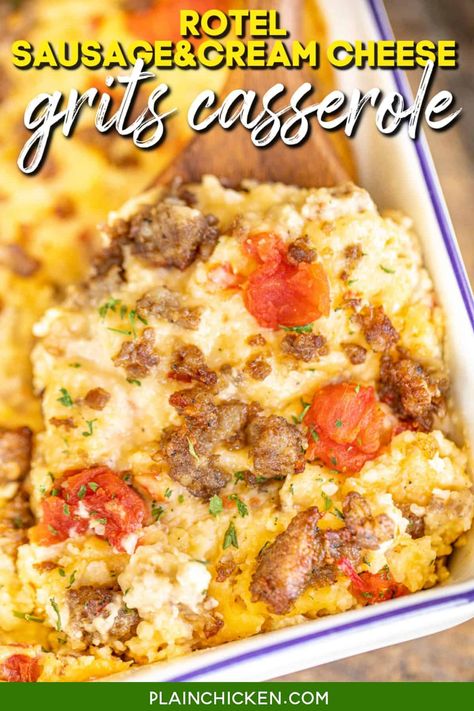 Rotel Sausage Cream Cheese Grits Casserole recipe – spicy sausage and cheese grits casserole. All the flavors of our favorite party dip combined with cheesy grits! SO good! We love this casserole for breakfast, brunch, lunch, and dinner. Grits, chicken broth, eggs, onion, garlic, cream cheese, Velveeta, milk, butter, Rotel tomatoes, and sausage. Can make ahead and refrigerate or freeze for later. Great for hectic weekday mornings, overnight guests, and holiday mornings. Cream Cheese Grits, Cheese Grits Casserole, Sausage And Cream Cheese, Grits Breakfast, Sausage Cream Cheese, Grits Casserole, Tater Tot Breakfast Casserole, Cheesy Grits, Tater Tot Breakfast