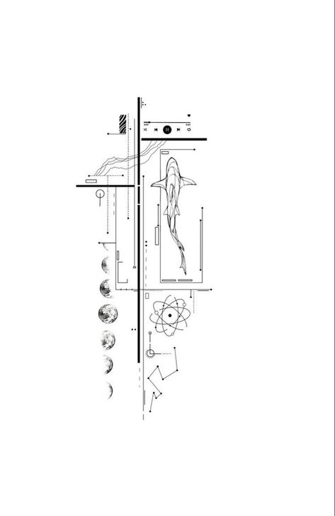 Music Tattoo Line Art, Music Concept Tattoo, Geometric Tattoo Drawing, Shark Tattoo Geometric, Lineart Tattoo Ideas, Music Geometric Tattoo, Realistic Fine Line Geometrical Tattoo, Fineline Music Tattoo, Geometric Shark Tattoo