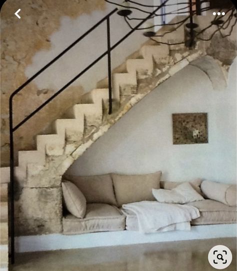 Under Stairs Cosy Nook, Under Stair Sofa, Under Stairs Meditation Nook, Couch Under Stairs, Den Under Stairs, Under Open Stairs Ideas, Sofa Under Stairs, Seating Under Stairs, Under Stairs Seating