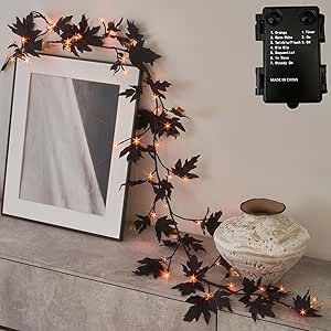 Hairui Lighted Black Maple Garland with Timer 48 LED Orange and Warm White Fairy Lights, Halloween Garland with Lights 6FT Battery Operated with 10 Functions for Fireplace Table Halloween Decoration Fireplace Table, Garland With Lights, Halloween Living Room, Warm White Fairy Lights, Pre Lit Garland, Table Halloween, White Fairy Lights, Outdoor Entryway, White Fairy