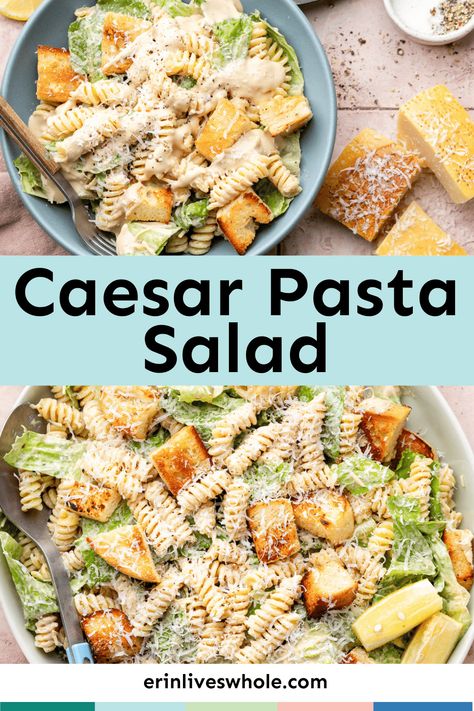 Get ready for your new favorite pasta salad recipe. Today, I'm bringing you my Caesar pasta salad, complete with garlicky Greek yogurt dressing, fresh chopped romaine, and sourdough croutons. Adding pasta to a fan-favorite salad transforms it into a filling and craveable main dish. Greek Yogurt Pasta, Favorite Pasta Salad, Salad Caesar, Sourdough Croutons, Simple Soups, Greek Pasta Salad Recipe, Caesar Pasta Salad, Greek Yogurt Dressing, Caesar Pasta