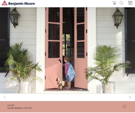 A sophisticated salmon pink for the front door Benjamin Moore Old Navy, Pink Front Door, Front Door Color, Front Door Paint, Color Combinations Paint, Front Door Paint Colors, House Trim, Choosing Paint, Door Paint