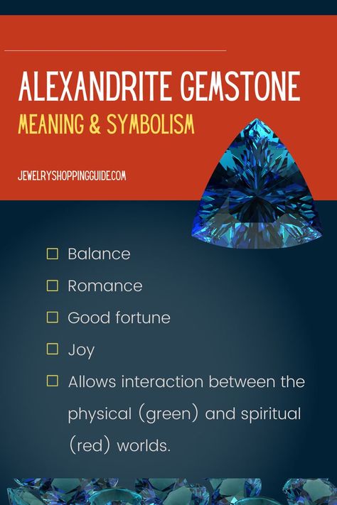 Alexandrite is considered a lucky stone, and represents luck, good fortune, and intellect. Because of alexandrite’s ability to change from green to red, it is often associated with balance. It is believed that an alexandrite allows interaction between the physical world (green) and the spiritual world (red), from which its healing powers come. #alexandrite #gemstone #symbolism #healing #jewelryshoppingguide Alexandrite Stone Meaning, Alexandrite Meaning, Gemstone Symbolism, Crystal Cards, Competition Jewelry, Alexandrite Gemstone, Spiritual World, Alexandrite Jewelry, Magical Stones